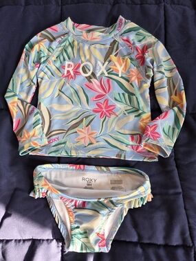 Roxy Girls' Floral Long-Sleeve Rashguard Set - Light Blue, Pink, Green